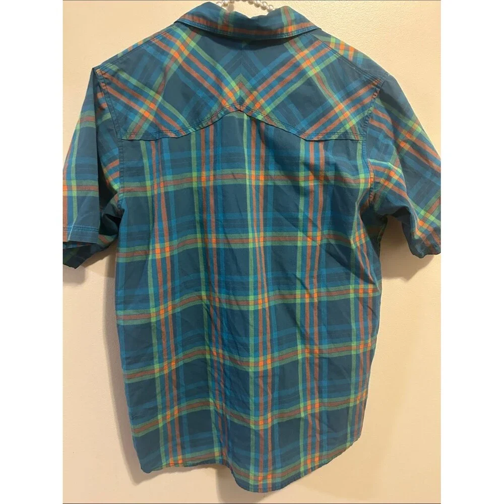 The North Face Men's Size M Plaid Snap Button Short Sleeve Shirt Blue Orange